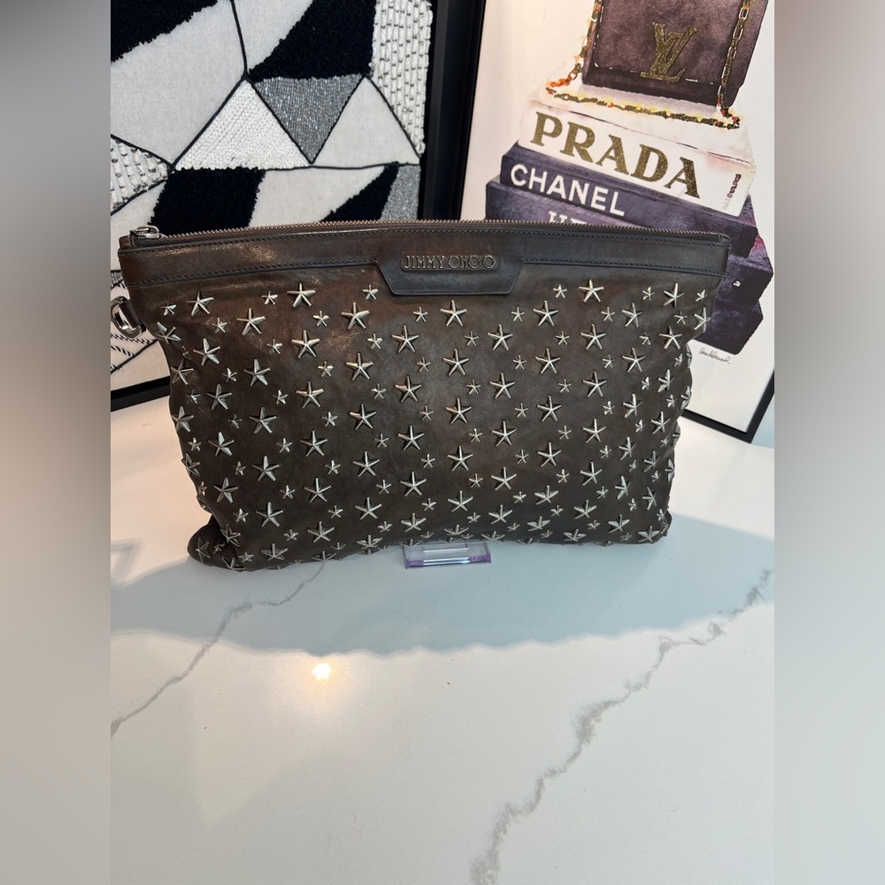 *SOLD* JIMMY CHOO LARGE BROWN LEATHER CLUTCH
